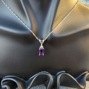 Stamped 14K White Gold (Not Plated or Filled) Diamond Amethyst Pendant Necklace